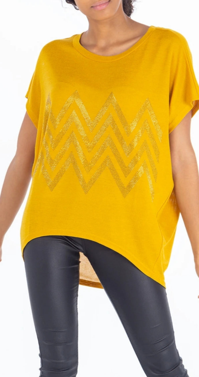 Zig Zag Oversize Diamante Cap Sleeves Flow Top